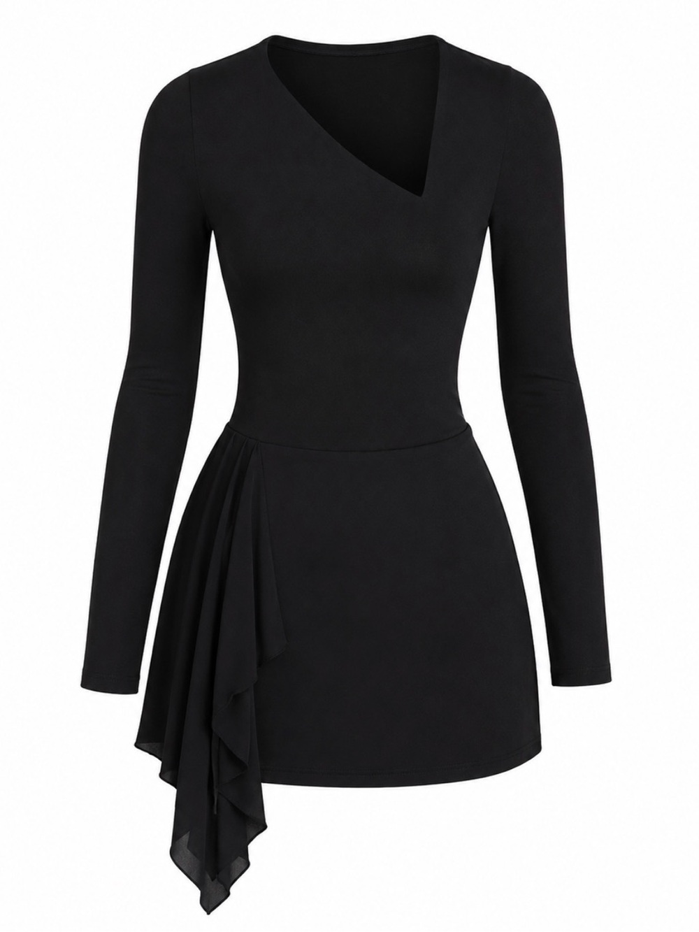 OH POLLY SZ MEDIUM Black Asymmetric Draped Long-Sleeve Dress